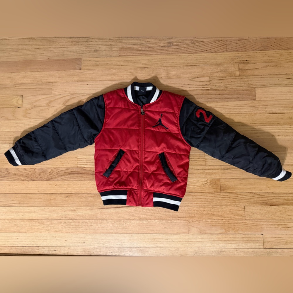 Jordan Red and Black Kids' Puffer Jacket with Striped Collar
